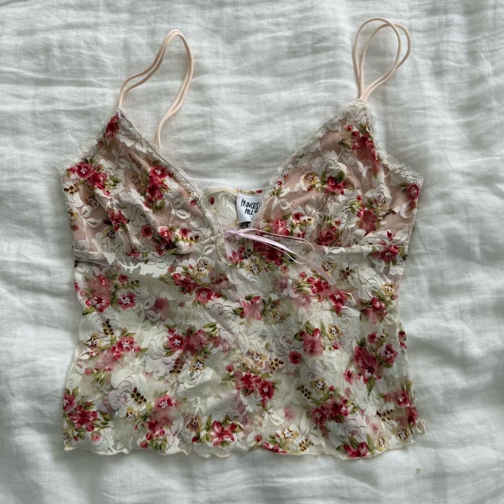Princess Polly Pink and Cream Floral Lace Blouse